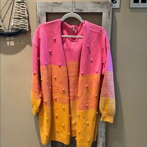 BiBi Pink and Orange Cardigan with Pom-Pom Accents